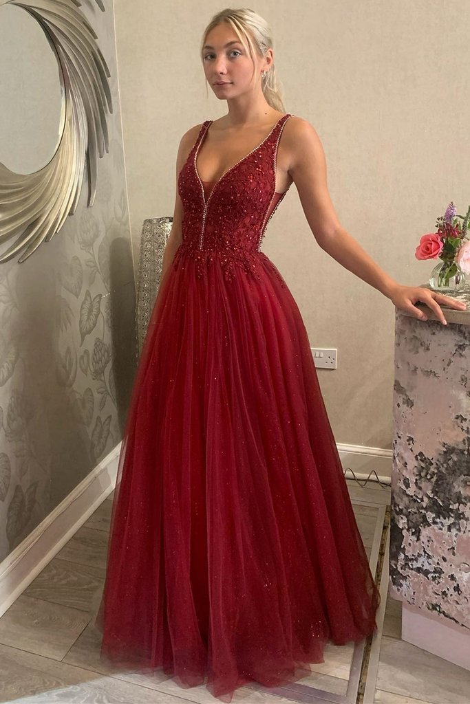 Shiny V Neck Backless Burgundy Lace Long Prom Dress cg17989