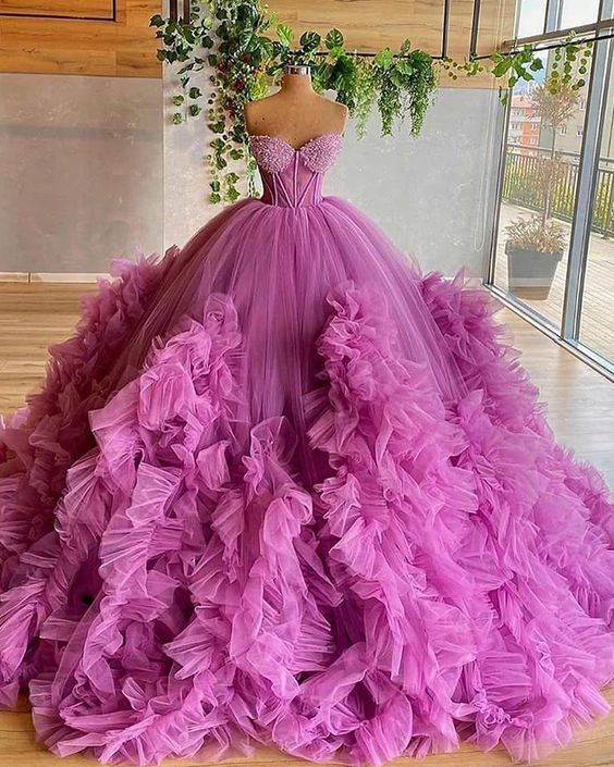 Sweetheart Beading Bodice Tulle Ruffle Pleated Ball Gown Evening Dress prom gown cg18016