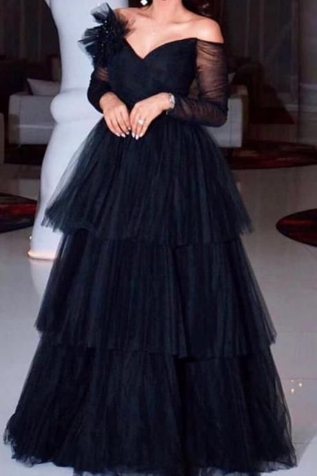 tulle prom dress, black evening dresses, pleats prom dresses cg18026