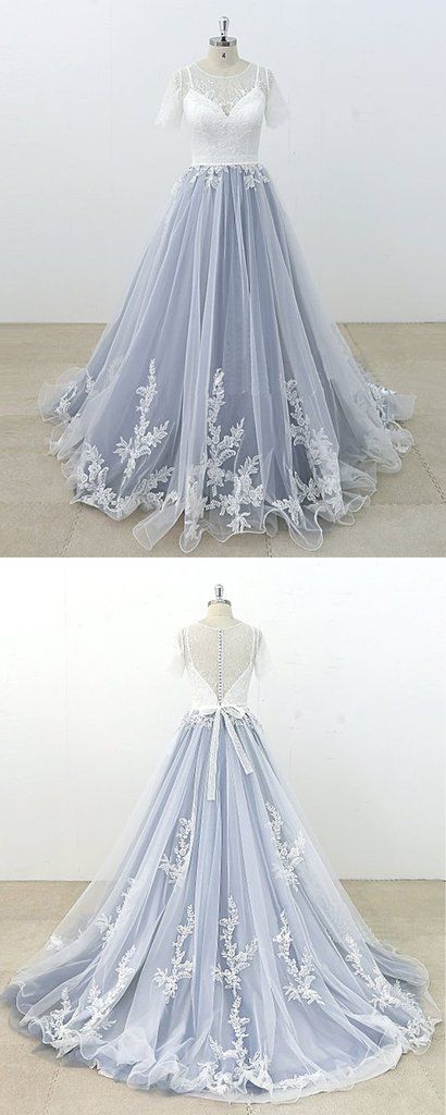 Blaugraues Tüll-Elfenbein-Spitzen-Kurzarm-Strandhochzeitskleid, langes Festzugs-Abschlussballkleid cg18034