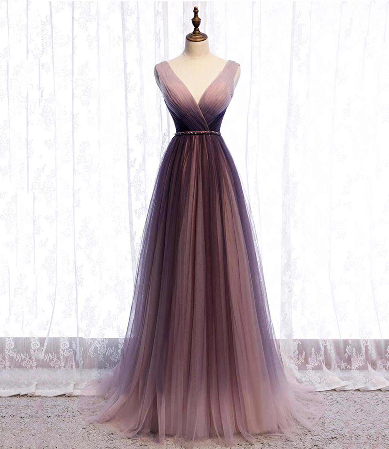 CUTE V NECK TULLE LONG PROM DRESS A LINE EVENING DRESS cg18036