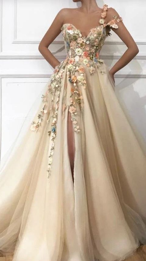 One Shoulder Sweetheart Tulle 3D FLower Prom Dress Formal Dress With Split cg18038