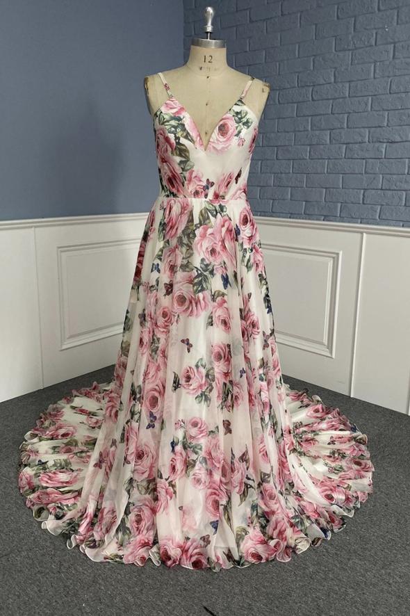 Stylish v neck floral pattern prom dress A line evening dress cg18049