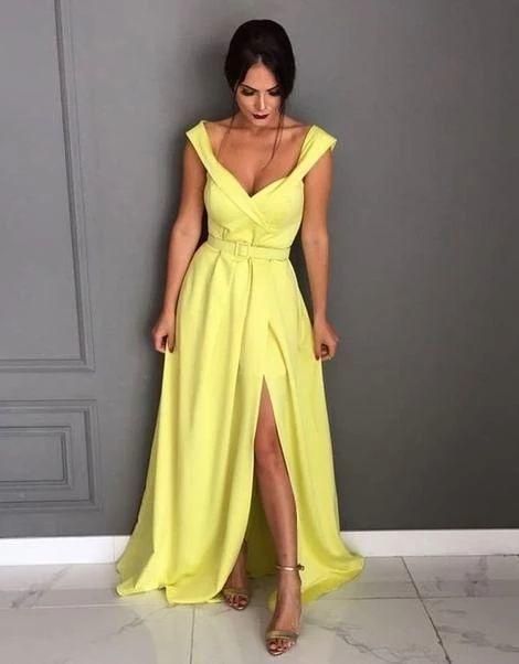 Yellow Prom Dress With Slit , Off The Shoulder Formal Dress cg18081