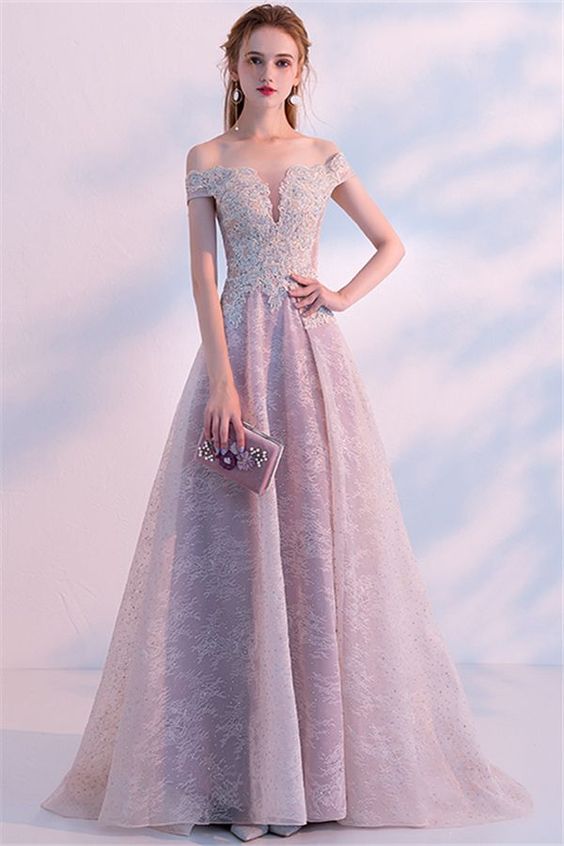 A-Line Off-the-Shoulder Appliques Beading Lace Evening prom Dress cg18087