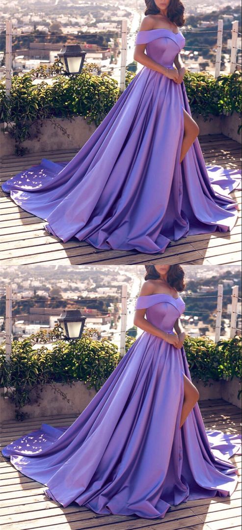 Simple lavender satin prom dresses off the shoulder evening gown with side split cg18111