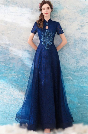 Elegantes marineblaues A-Linien-Tüll-Abschlussballkleid mit kurzen Ärmeln cg1814
