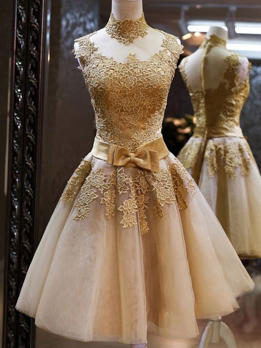 Short Homecoming Dresses Lace Short A-Line High-Neck Bowknot Cocktail Dress cg18141