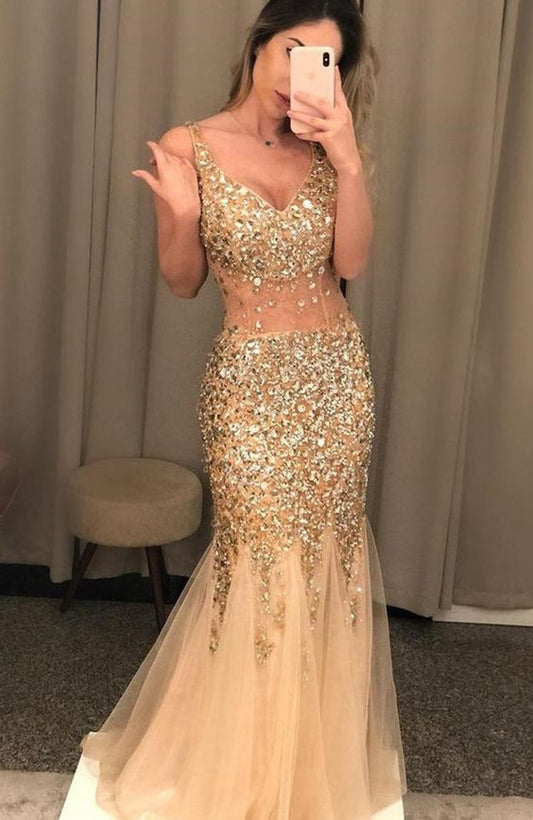 Sexy Meerjungfrau Ballkleid Champagner Gold Abendkleid cg18152