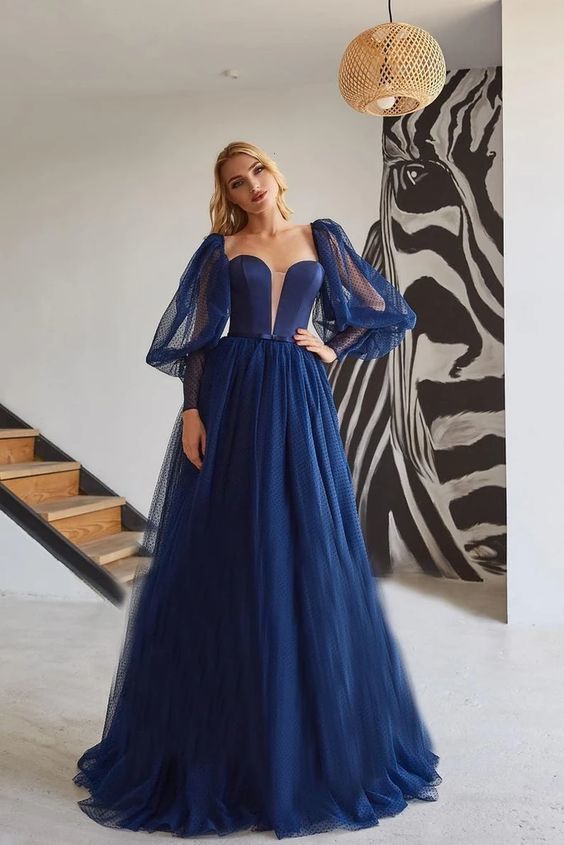 Elegantes A-Linien-Tüll-Prinzessin-Ballkleid, einfaches langes dunkelblaues Abendkleid cg18160