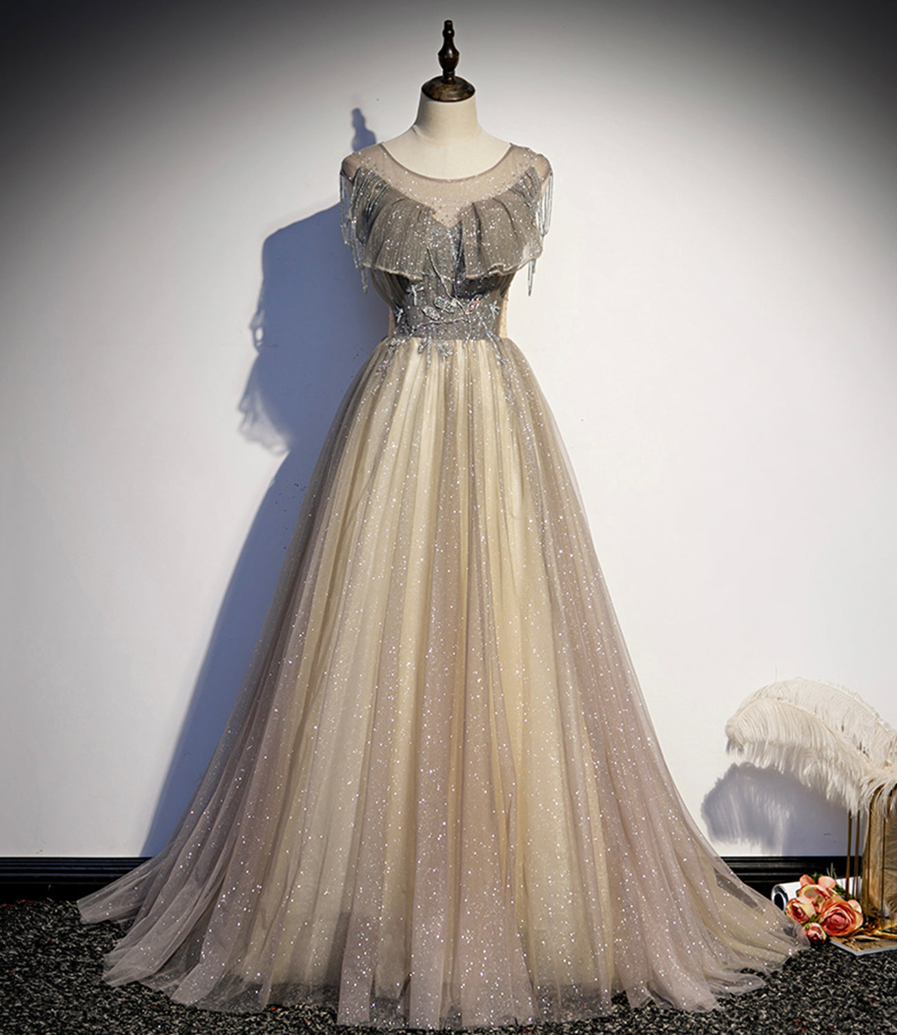 STYLISH TULLE LONG PROM DRESS A LINE EVENING DRESS cg18175