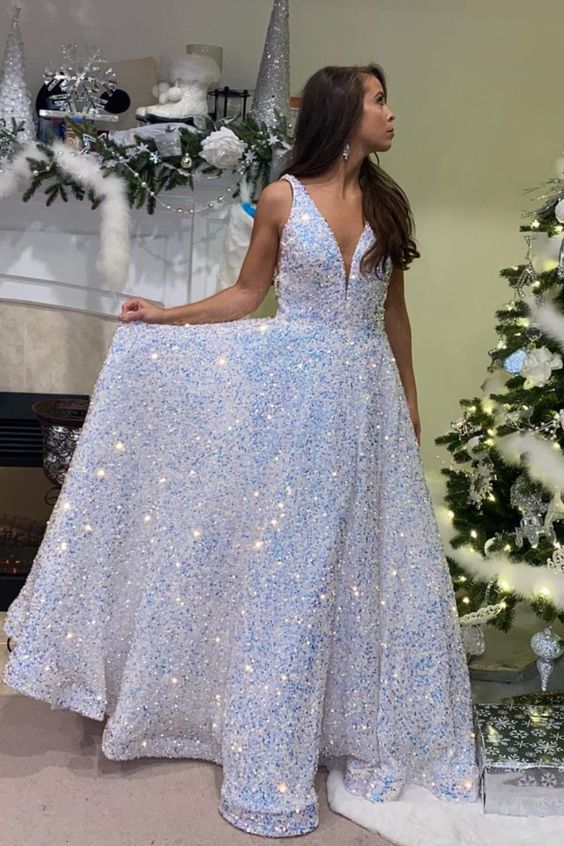 A-line White Sequined Long Prom Dress 2021 | Sparkle White Long Prom Dress cg18177