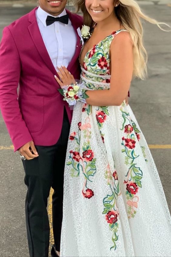 A-line white and floral embroidered long prom dress formal dress evening dress cg18178