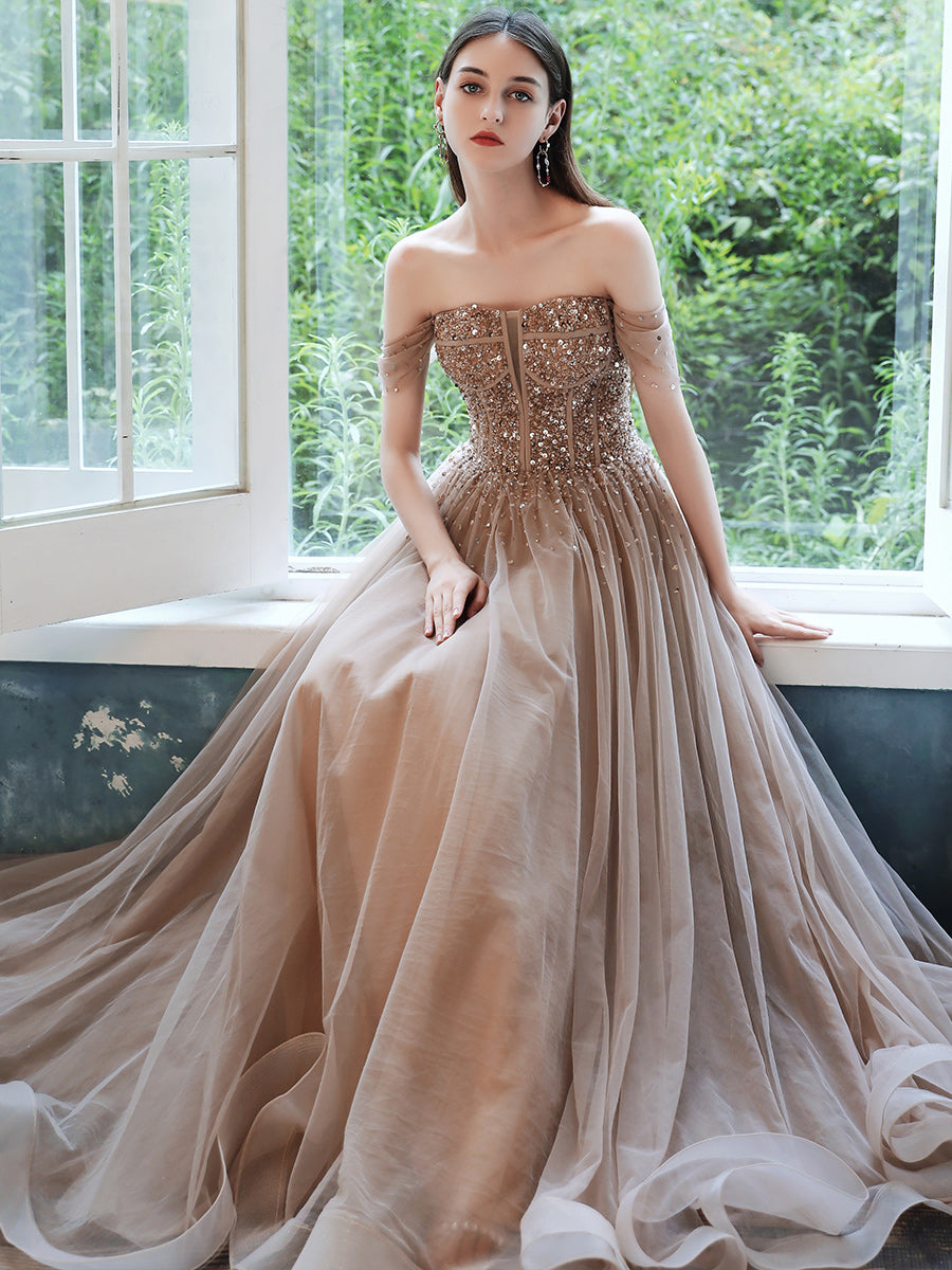 Champagne A-line Long Formal Dress Long Prom Dress cg18181