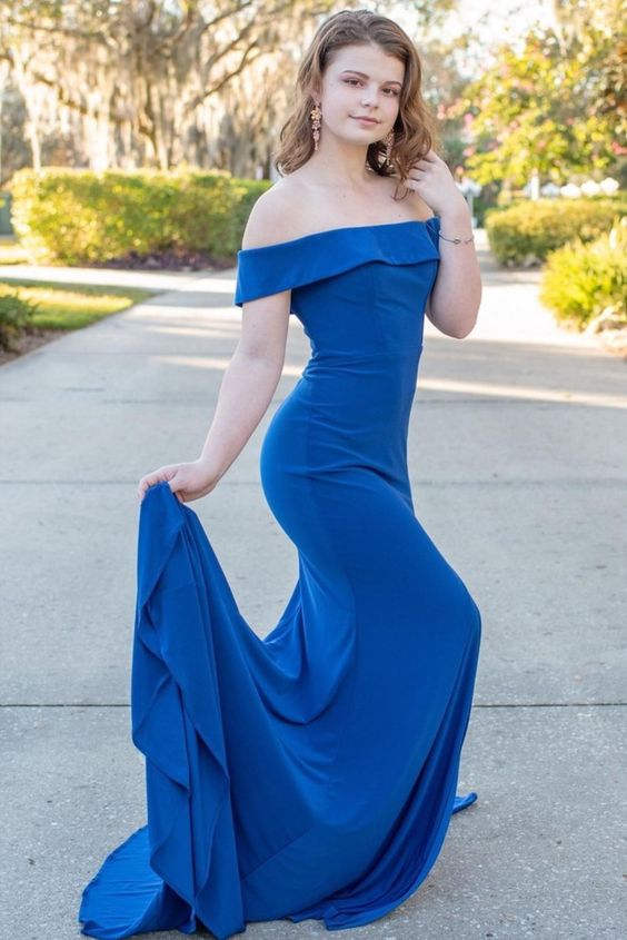 off the shoulder mermaid royal blue long formal dress prom dress cg18184