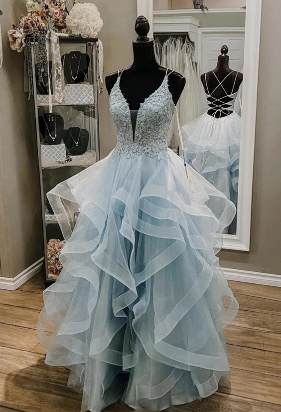 Blue lace long ball gown dress A line backless evening dress prom Dress cg18199