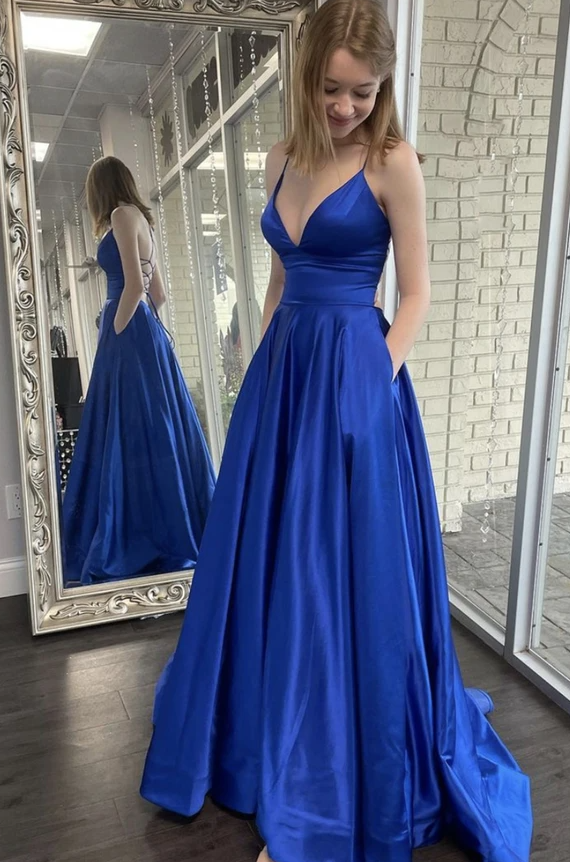 Blue satin long prom dress A line v neck evening dress cg18201 classygown Blue satin long prom dress A line v neck evening dress cg18201 classygown