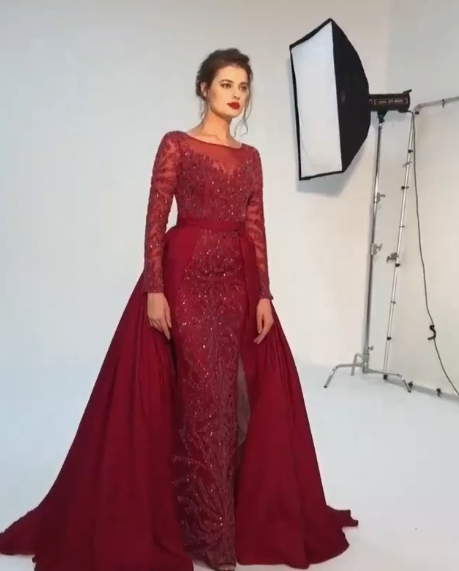sexy Sheer Long Sleeve Burgundy Evening Dresses Prom Dress cg18213