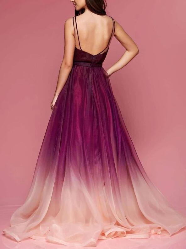 Ombre Prom Dress, V neck Backless Organza Colored Prom Dresses cg18218