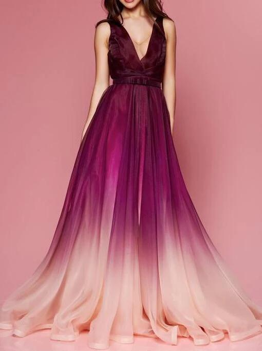 Ombre Prom Dress, V neck Backless Organza Colored Prom Dresses cg18218