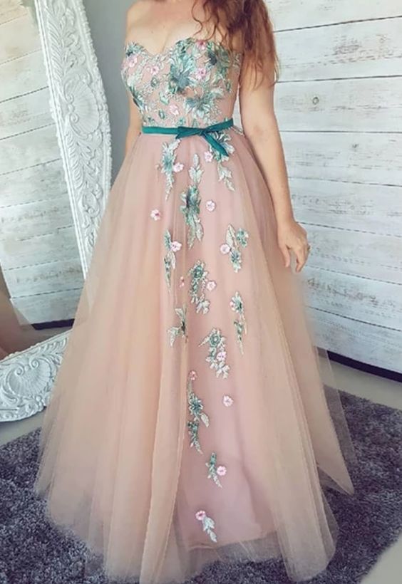 PinK sweetheart neck tulle lace applique long prom Dress cg18223