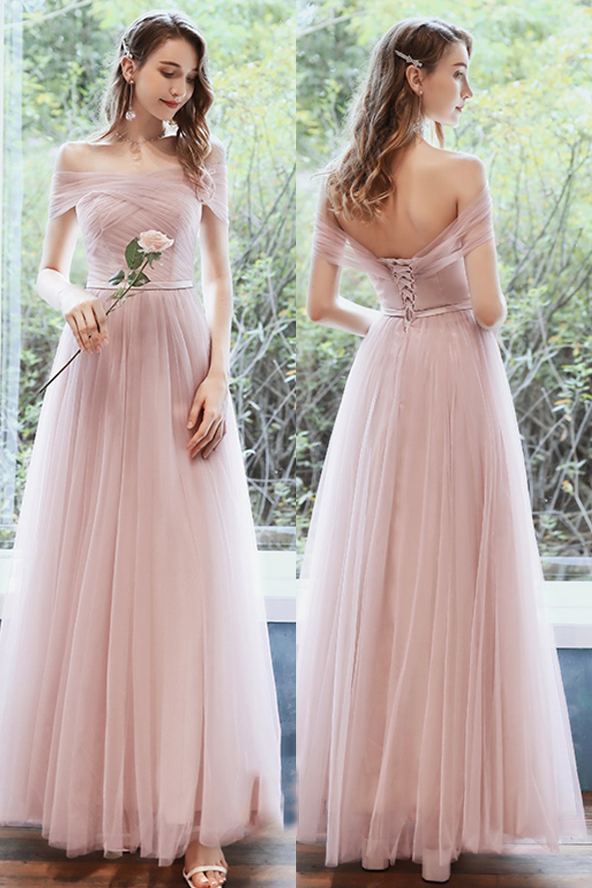 PINK TULLE LONG PROM DRESS A LINE EVENING DRESS cg18258