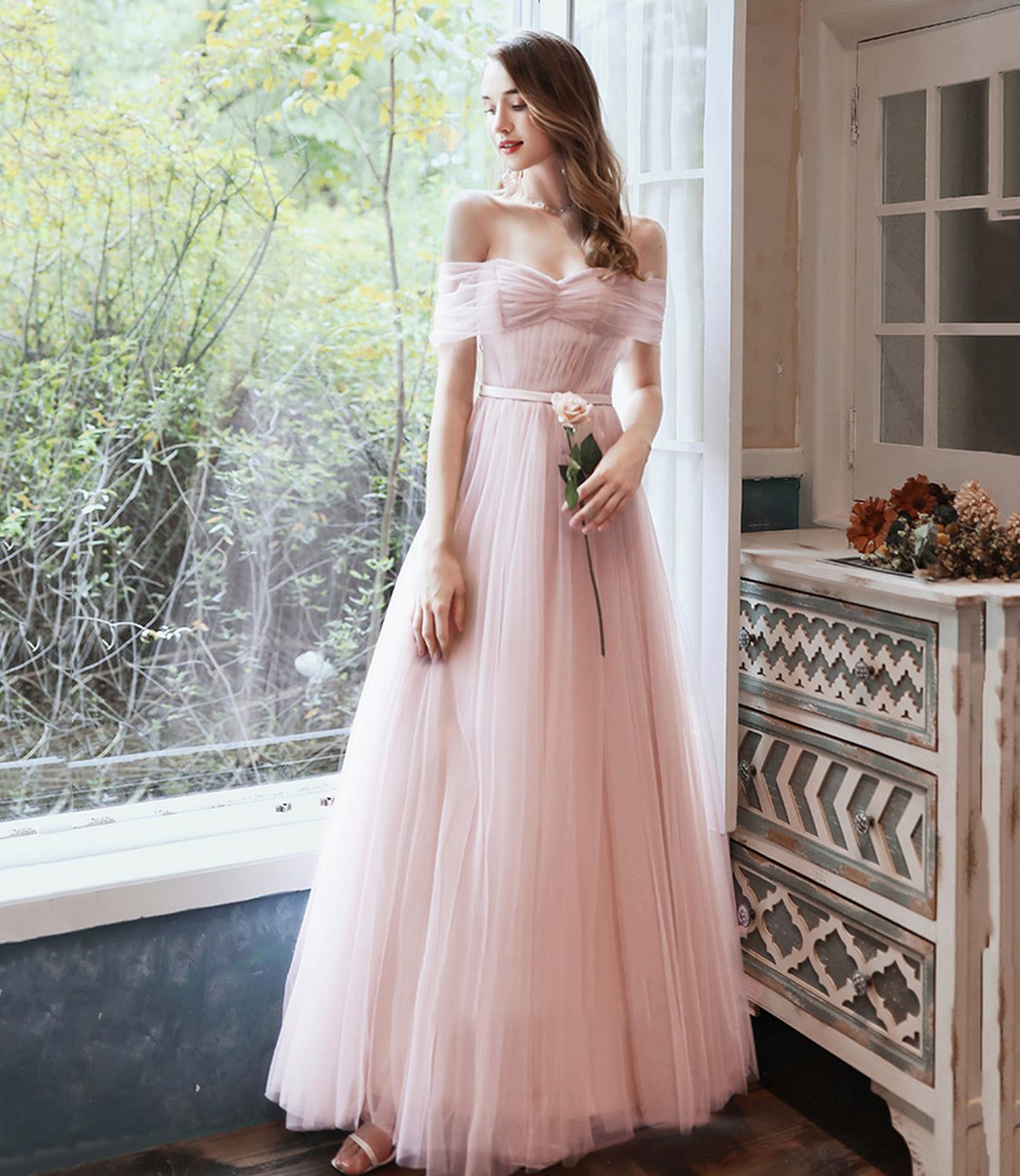 PINK TULLE LONG PROM DRESS A LINE EVENING DRESS cg18258