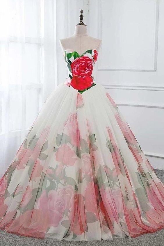 Ball Gown Floral Satin Long Tulle Evening Dresses with Lace up, Sweetheart Red Prom Dresses cg18274