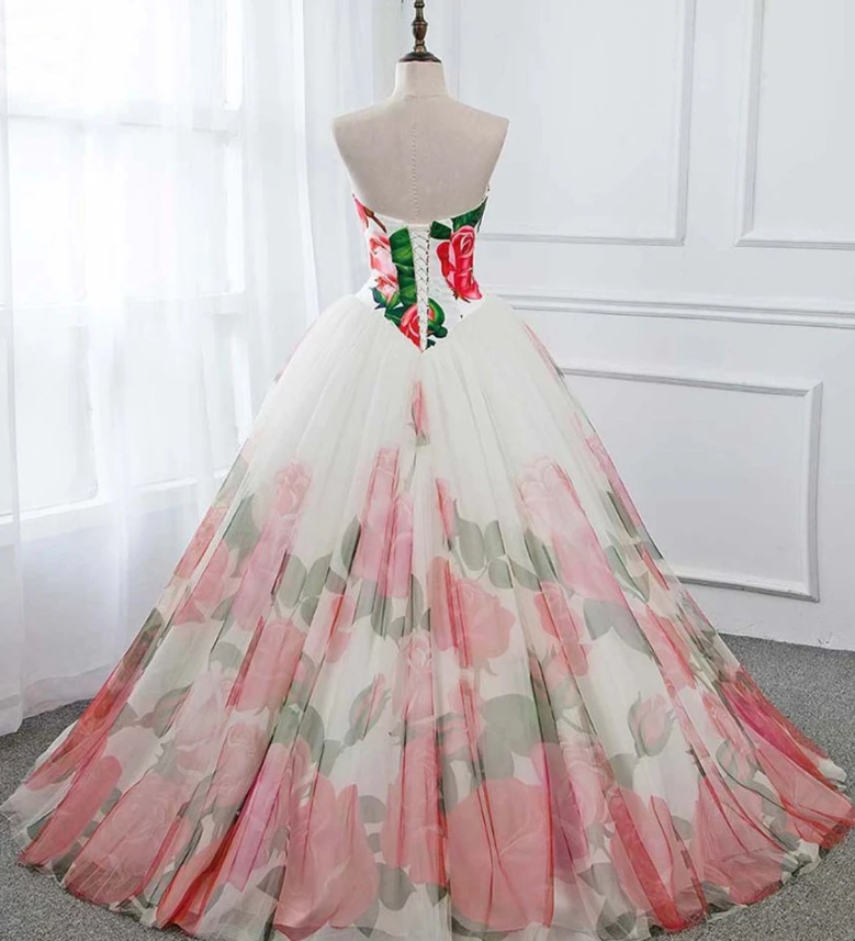 Ball Gown Floral Satin Long Tulle Evening Dresses with Lace up, Sweetheart Red Prom Dresses cg18274