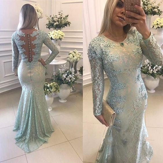 Appliques Long Sleeve Mermaid Evening Dress, Formal Evening Gowns, Lace Long Prom Dresses cg18275