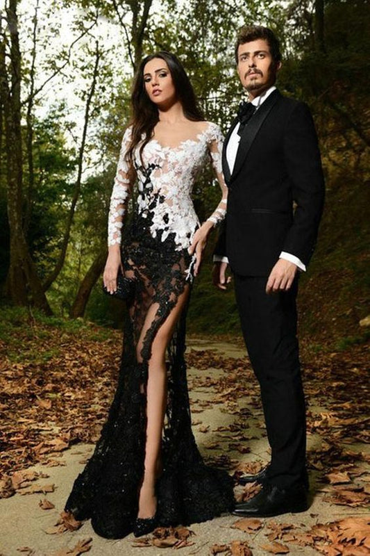 Weiß Schwarz Spitze Meerjungfrau Lange Ärmel Sexy Ballkleider Abendkleid cg1828