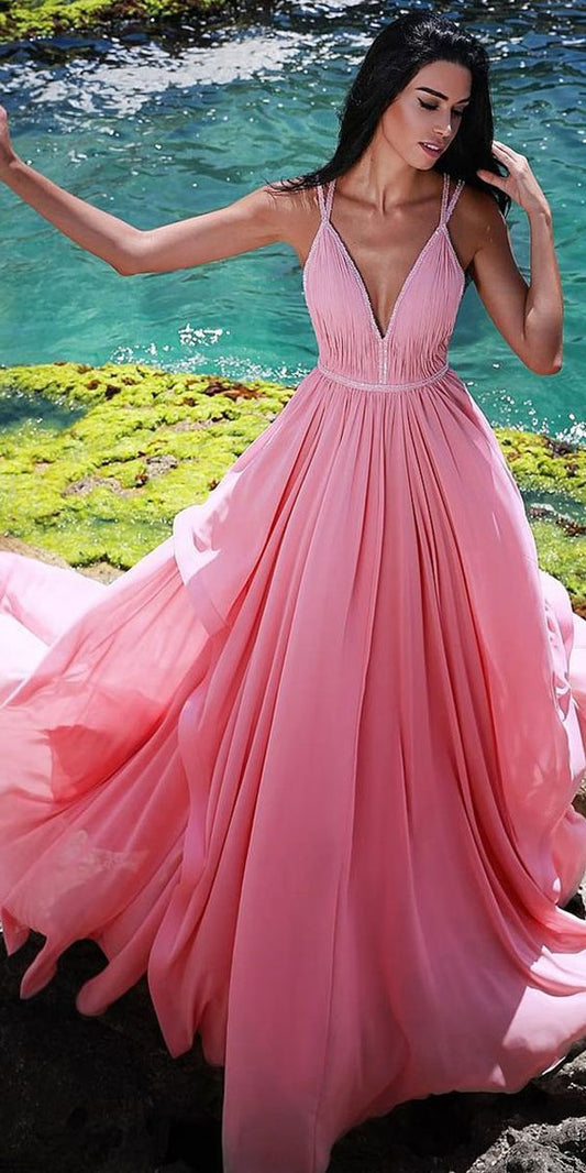 Chiffon Spaghettiträger Ausschnitt Bodenlanges A-Linien-Ballkleid mit Perlenbesatz cg1830