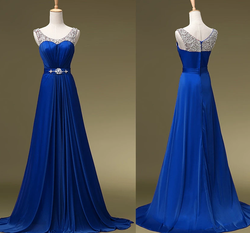 Charming Blue Sequins Round Neckline Bridesmaid Dress, A-Line Long Prom Dress cg18302