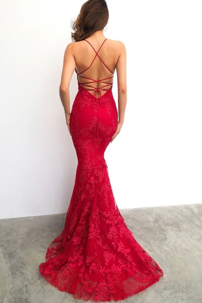 Red Mermaid Lace-Up Back Long Prom Dress with Lace Appliques cg18315