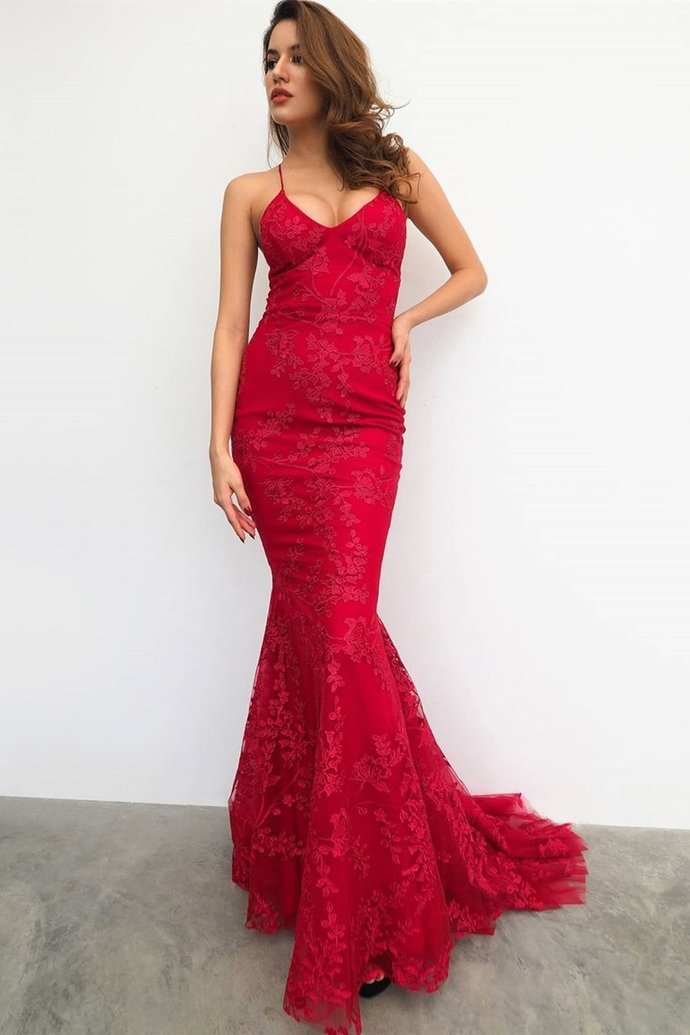 Red Mermaid Lace-Up Back Long Prom Dress with Lace Appliques cg18315
