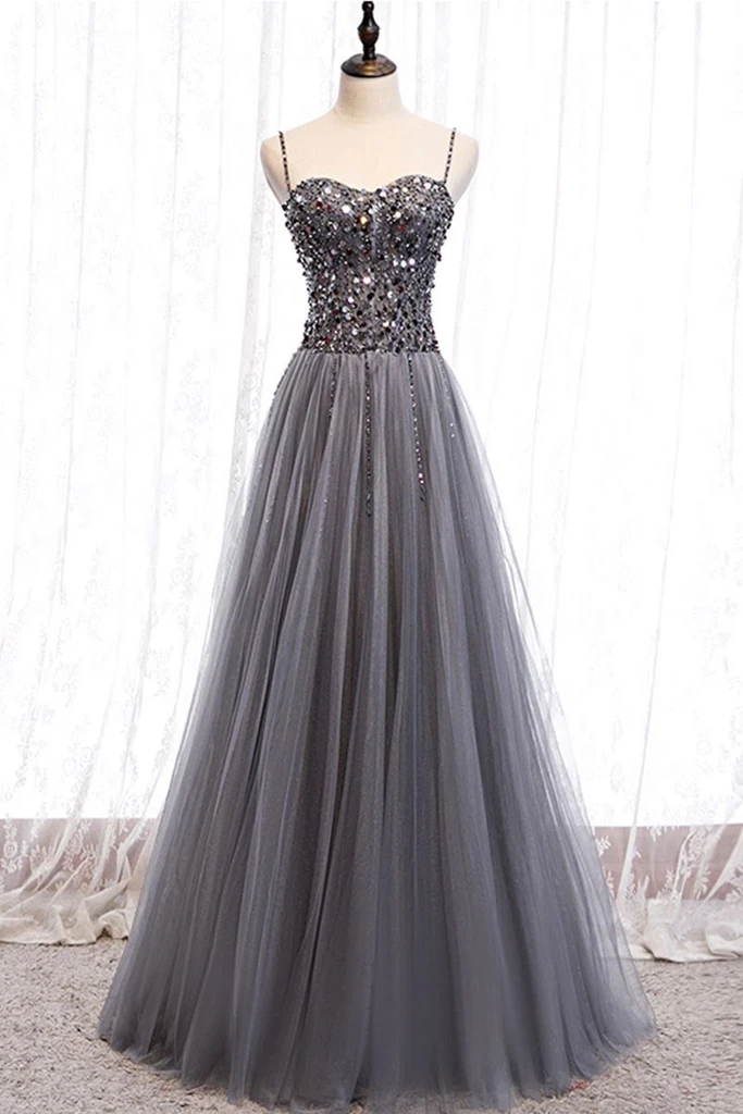 Sweetheart Neck Grey Sequins Tulle Long Prom Dress, Grey Sequins Formal Evening Dress cg18317
