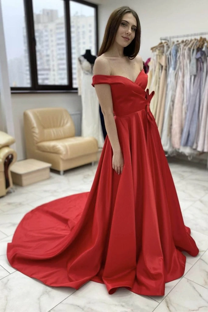 Off Shoulder Red Satin Long Prom Dress, Off the Shoulder Red Formal Graduation Evening Dress cg18318