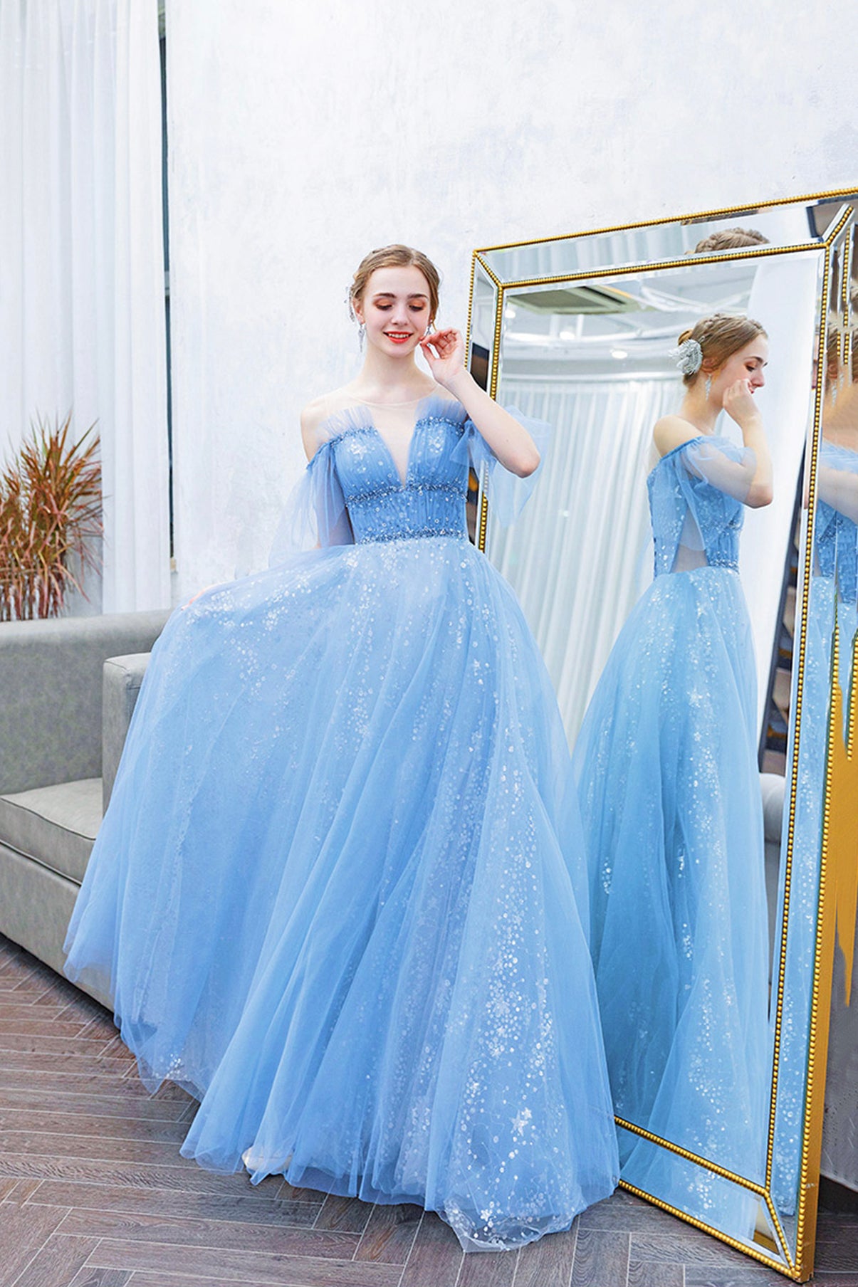 BLUE TULLE SEQUINS LONG PROM DRESS A LINE EVENING DRESS cg18336