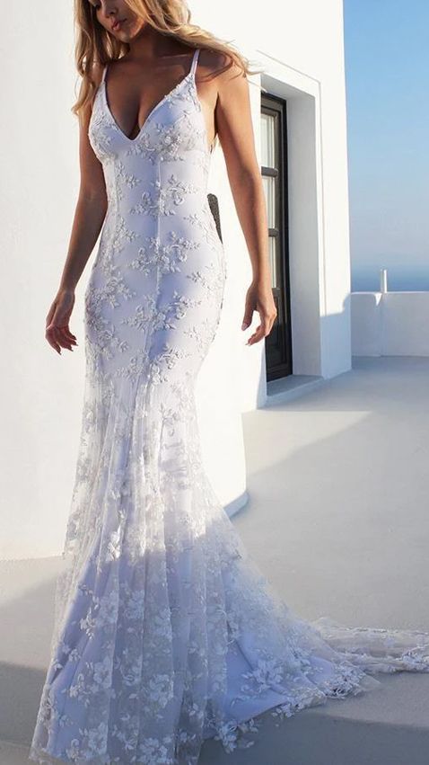 Spaghetti Straps Mermaid Prom Dress V Neck Formal Party Dress With Appliques cg18337