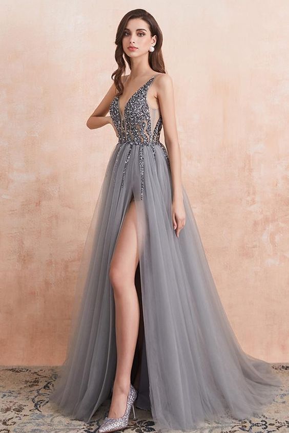 Prom Dress sexy beaded A-line grey tulle long formal dress with side slit cg18338