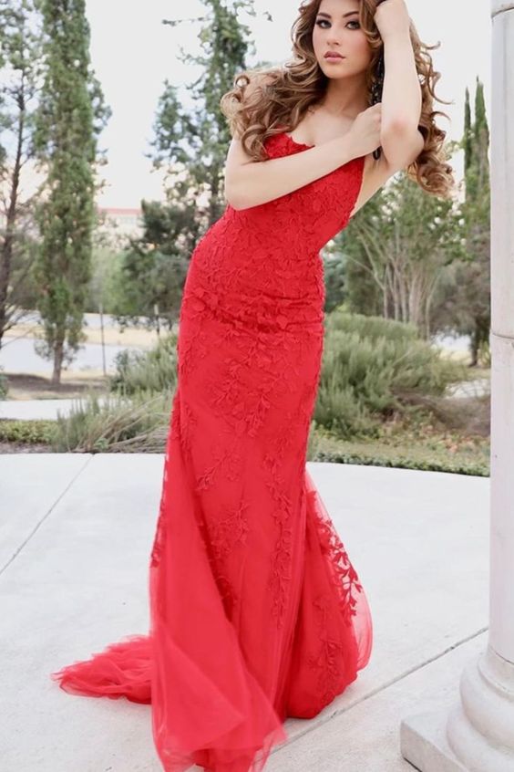 Prom Dress gorgeous mermaid red lace appliqued long formal dress cg18339