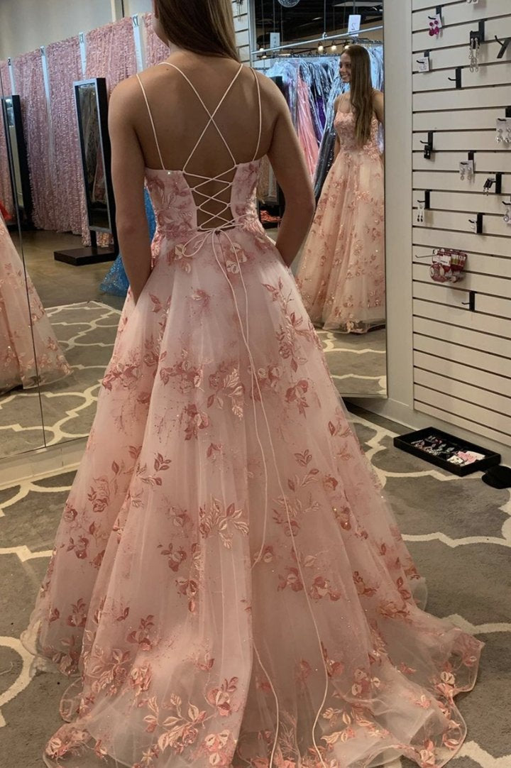 Pink tulle lace long ball gown dress A line evening prom dress cg18342