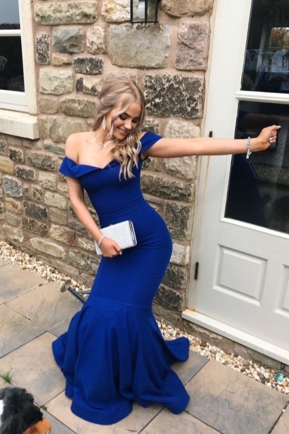 Royal Blue Off the Shoulder Mermaid Formal Gown prom dress cg18353