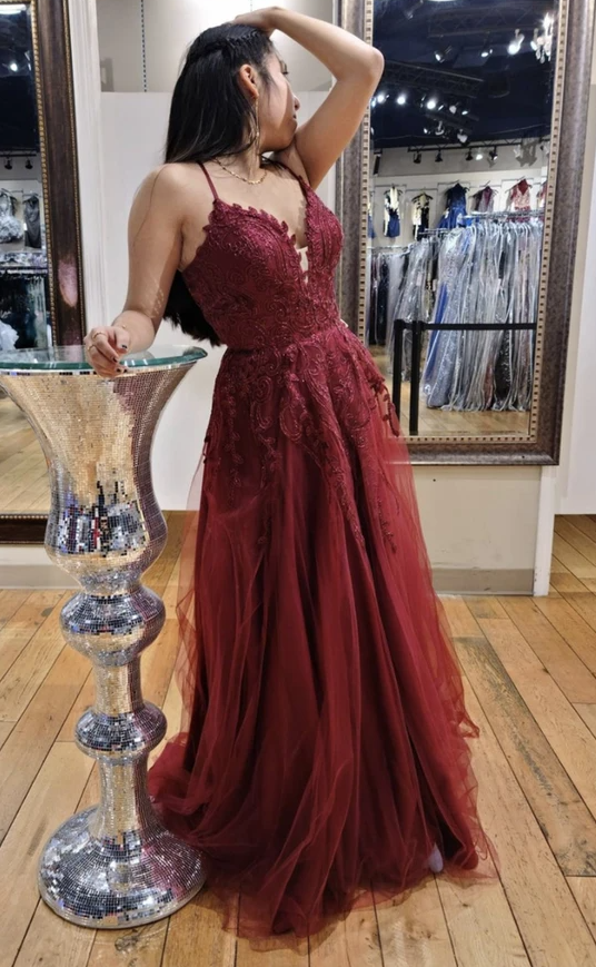 Burgundy lace long prom dress A line evening dress cg18368