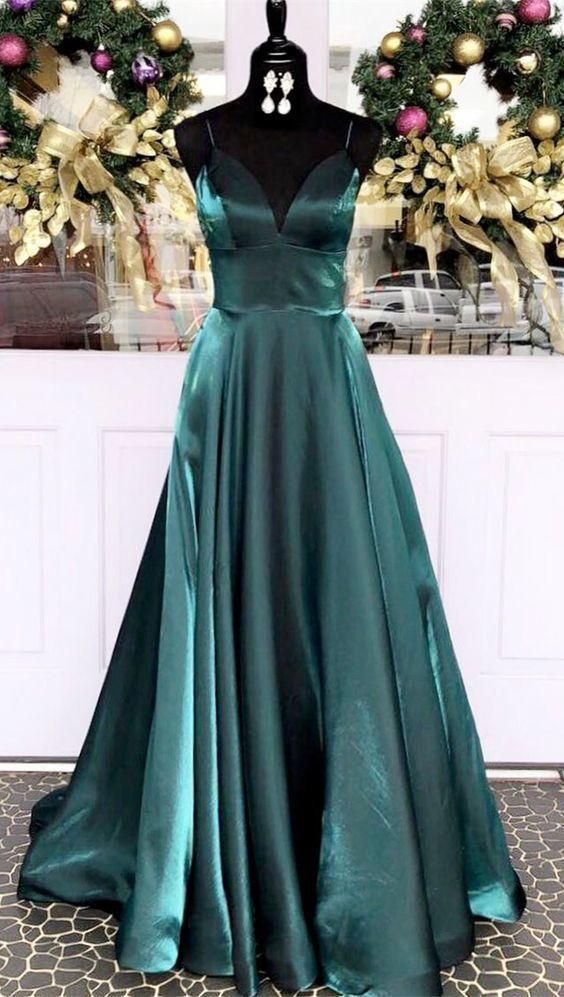 Spaghetti Straps Dark Teal Long Prom Dress, Empire Long Evening Dress cg18380