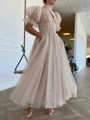 Prom Dresses Sparkly Half Puff Sleeves Wedding Party Dresses cg18385