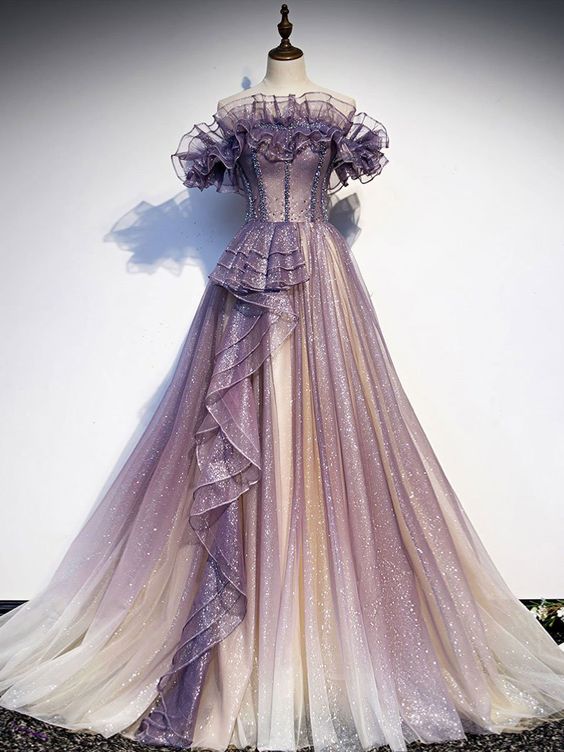 Purple tulle sequin long prom dress purple evening dress cg18386
