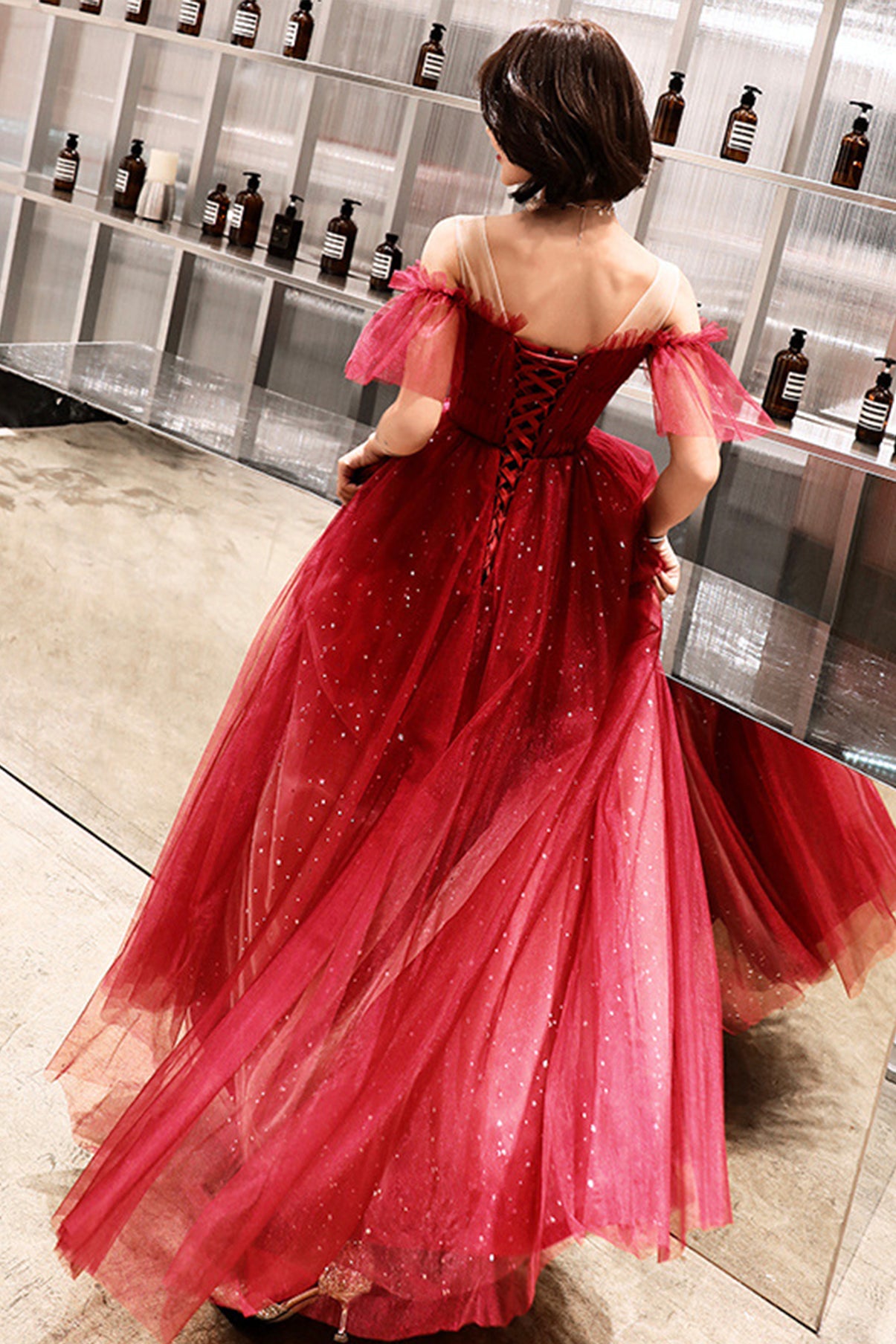 STYLISH TULLE SEQUINS LONG A LINE PROM DRESS EVENING DRESS cg18410