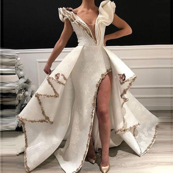 Lace Applique unique beaded v neck elegant prom gowns 2021 cg18421