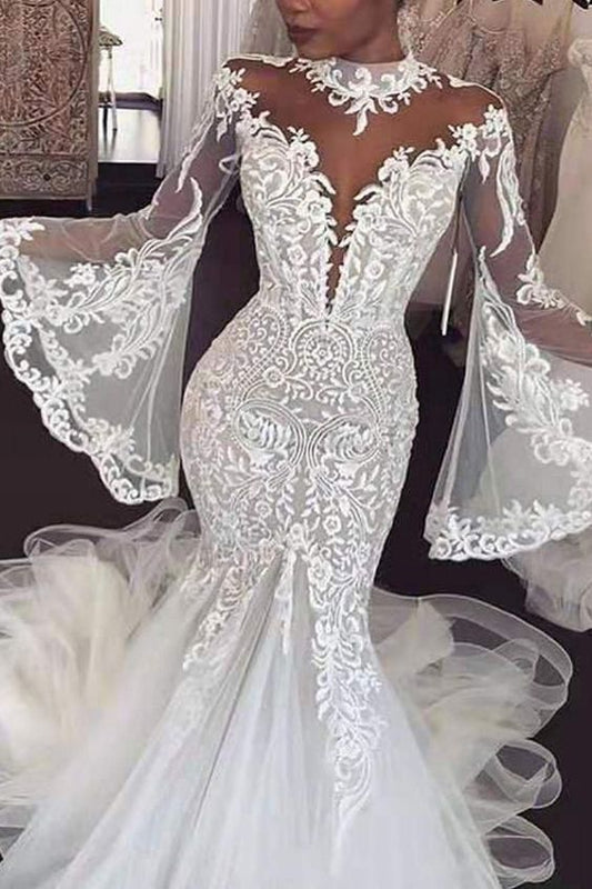 Schillerndes Meerjungfrau-Brautkleid mit hohem Kragen, Spitzenapplikationen und Glockenärmeln, Abschlussball-Partykleid cg18443